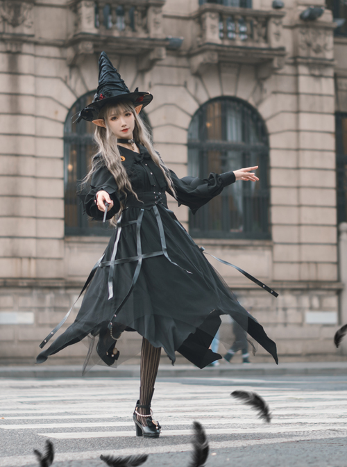 Cat-eye Series OP Black Halloween Darkness Retro Irregular Hem Gothic Lolita Long Sleeve Dress