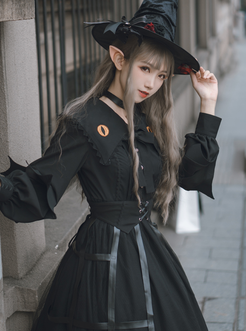 Cat-eye Series OP Black Halloween Darkness Retro Irregular Hem Gothic Lolita Long Sleeve Dress