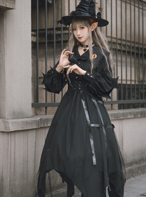 Cat-eye Series OP Black Halloween Darkness Retro Irregular Hem Gothic Lolita Long Sleeve Dress