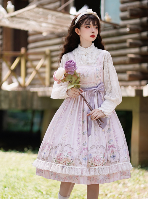 Flowers Wall Series JSK Printing Light Purple Chiffon Elegant Classic Lolita Sling Dress