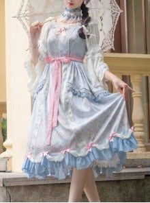 Flowers Wall Series JSK Printing Light Blue Classic Lolita Sling Dress