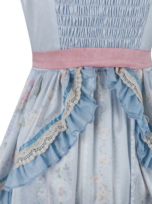 Flowers Wall Series JSK Printing Light Blue Classic Lolita Sling Dress