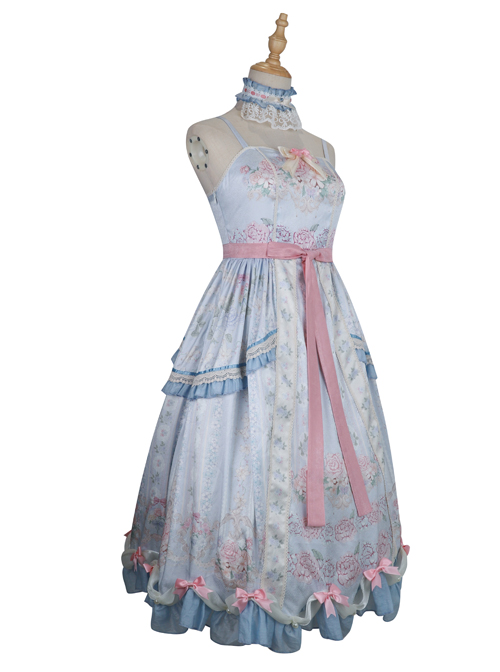 Flowers Wall Series JSK Printing Light Blue Classic Lolita Sling Dress