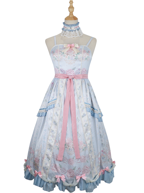 Flowers Wall Series JSK Printing Light Blue Classic Lolita Sling Dress