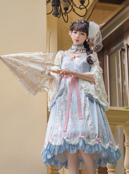 Flowers Wall Series JSK Printing Light Blue Classic Lolita Sling Dress
