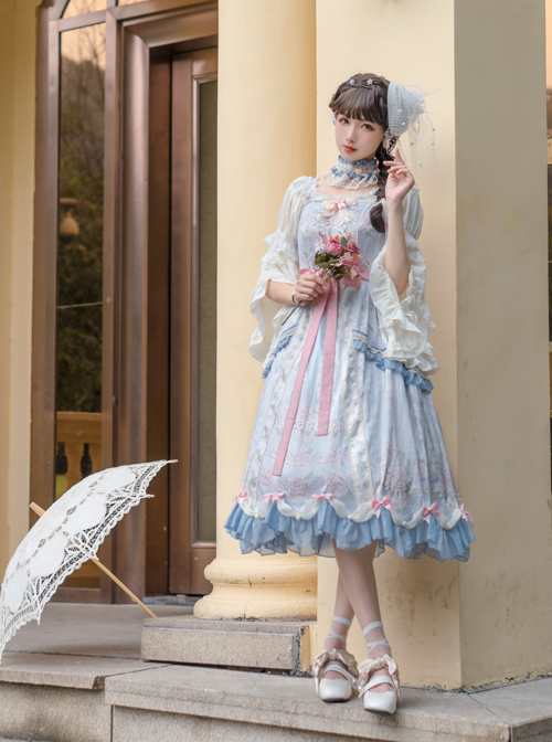 Flowers Wall Series JSK Printing Light Blue Classic Lolita Sling Dress