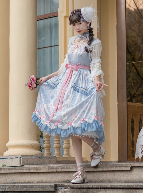 Flowers Wall Series JSK Printing Light Blue Classic Lolita Sling Dress