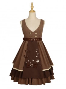 Kitten Detective Series Brown Open Front Retro School Lolita Sleeveless Dress