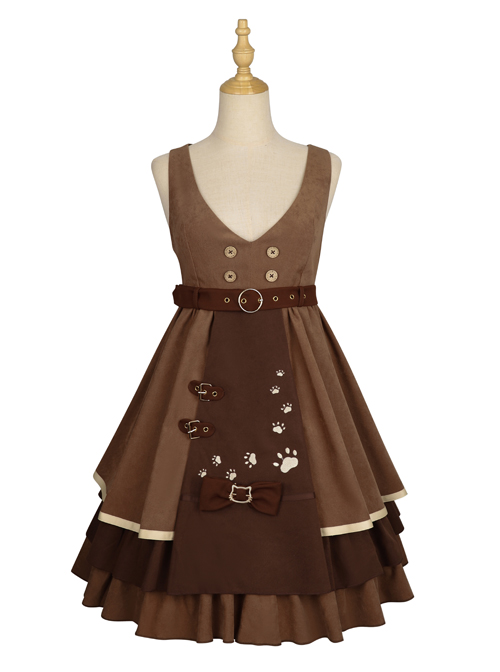 Kitten Detective Series Brown Open Front Retro School Lolita Sleeveless Dress