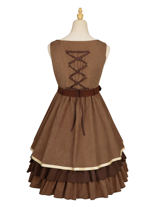 Kitten Detective Series Brown Open Front Retro School Lolita Sleeveless Dress