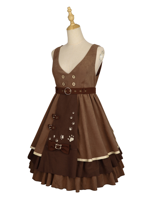 Kitten Detective Series Brown Open Front Retro School Lolita Sleeveless Dress