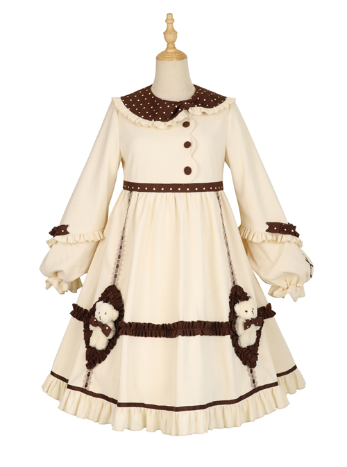 Coffee Bears Series OP Doll Collar Sweet Lolita Autumn Winter Apricot Long Sleeve Dress