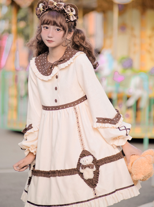 Coffee Bears Series OP Doll Collar Sweet Lolita Autumn Winter Apricot Long Sleeve Dress