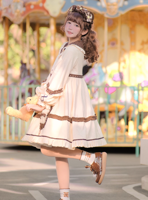 Coffee Bears Series OP Doll Collar Sweet Lolita Autumn Winter Apricot Long Sleeve Dress