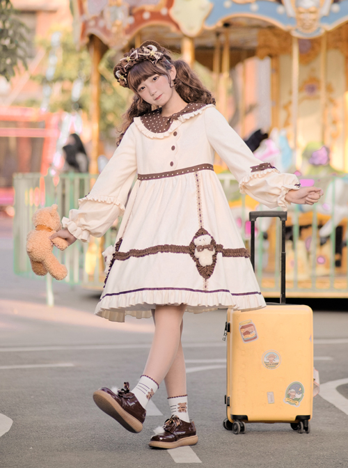 Coffee Bears Series OP Doll Collar Sweet Lolita Autumn Winter Apricot Long Sleeve Dress