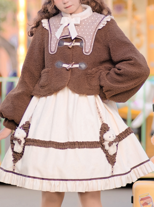 Coffee Bears Series Brown Cute Sweet Lolita Autumn Winter Sheep Horn Buttons Woolen Short Coat