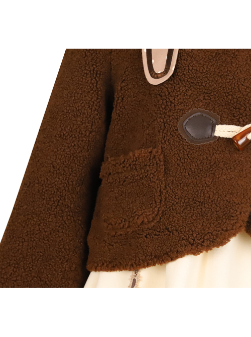 Lolitashow Lolita Coats Coffee Brown Pom Poms Color Block Overcoat Polyester Fall Lolita Outwears