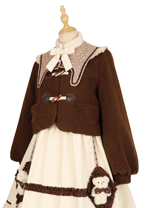 Coffee Bears Series Brown Cute Sweet Lolita Autumn Winter Sheep Horn Buttons Woolen Short Coat