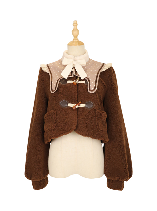 Coffee Bears Series Brown Cute Sweet Lolita Autumn Winter Sheep Horn Buttons Woolen Short Coat