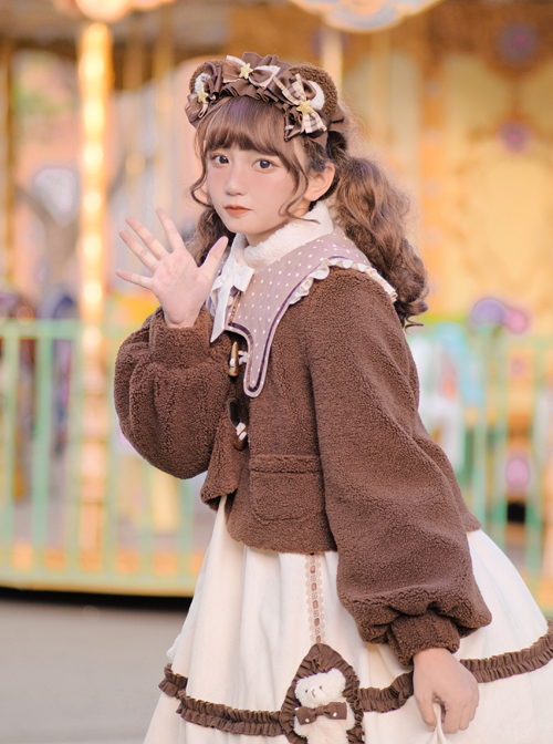 Coffee Bears Series Brown Cute Sweet Lolita Autumn Winter Sheep Horn Buttons Woolen Short Coat