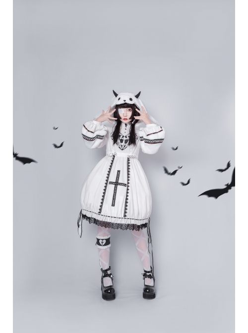 Devil Rabbit Series OP Autumn Winter Halloween Gothic Lolita Long Sleeve Dress With Detachable Plush Rabbit Ears Hat