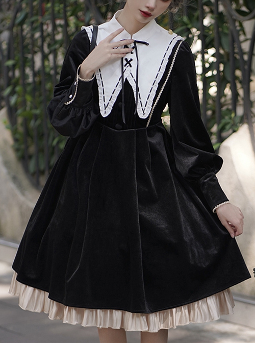 Ms Lily Series OP Black Elegant Court Style Classic Lolita Long Sleeve Dress