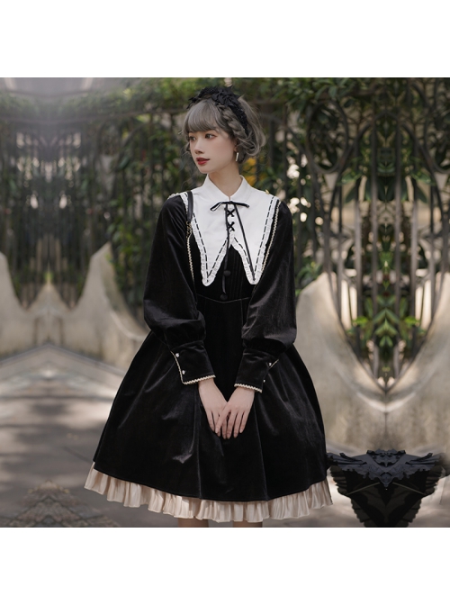 Ms Lily Series OP Black Elegant Court Style Classic Lolita Long Sleeve Dress