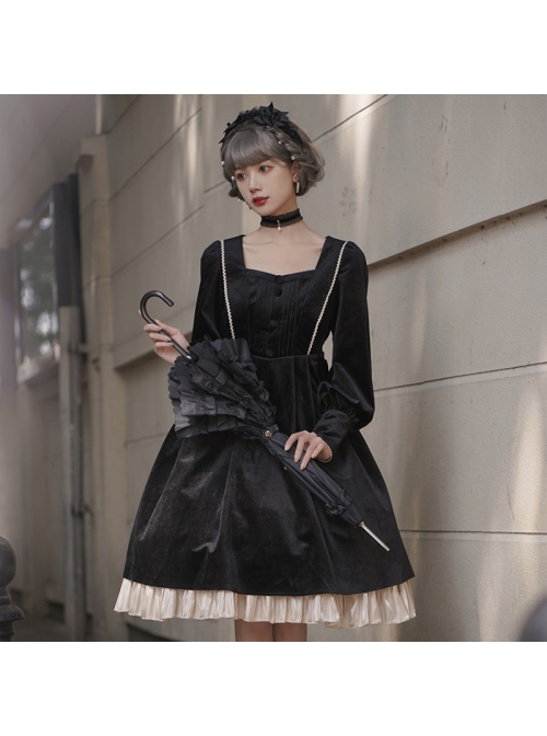 Ms Lily Series OP Black Elegant Court Style Classic Lolita Long Sleeve Dress