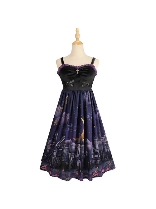 Witch Small Town Series JSK Design 2 Halloween Black Retro Gothic Lolita Sling Dress