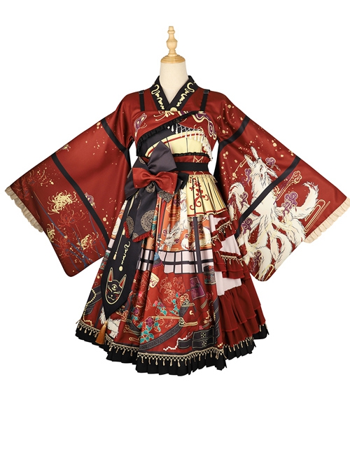 Fox Demon Series JSK Japanese Style Vintage Printing Sweet Lolita Red Sling Dress