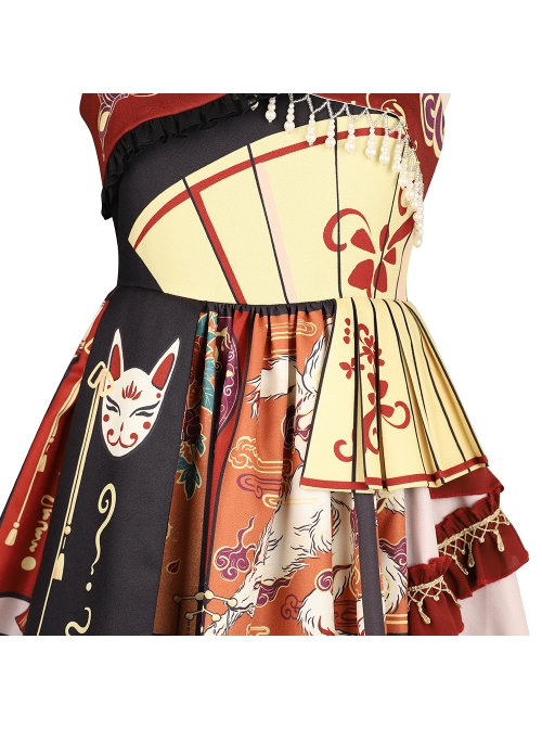 Fox Demon Series JSK Japanese Style Vintage Printing Sweet Lolita Red Sling Dress