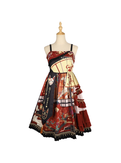 Fox Demon Series JSK Japanese Style Vintage Printing Sweet Lolita Red Sling Dress