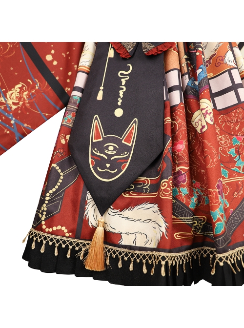 Fox Demon Series JSK Japanese Style Vintage Printing Sweet Lolita Red Sling Dress