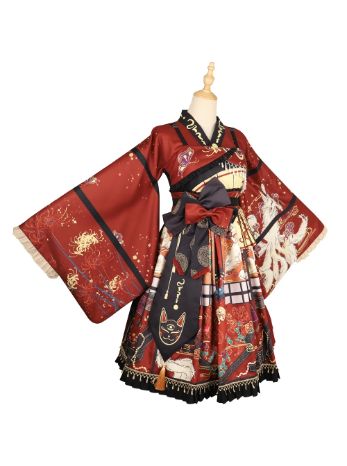 Fox Demon Series JSK Japanese Style Vintage Printing Sweet Lolita Red Sling Dress