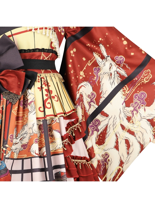 Fox Demon Series JSK Japanese Style Vintage Printing Sweet Lolita Red Sling Dress