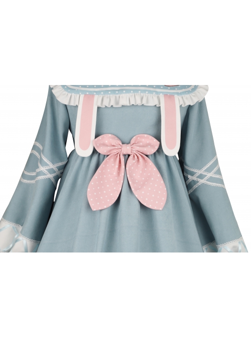 Bunny Series OP Rabbit Ears Doll Collar Autumn Winter Sweet Lolita Blue Lantern Sleeve Long Sleeve Dress
