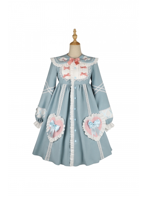 Bunny Series OP Rabbit Ears Doll Collar Autumn Winter Sweet Lolita Blue Lantern Sleeve Long Sleeve Dress