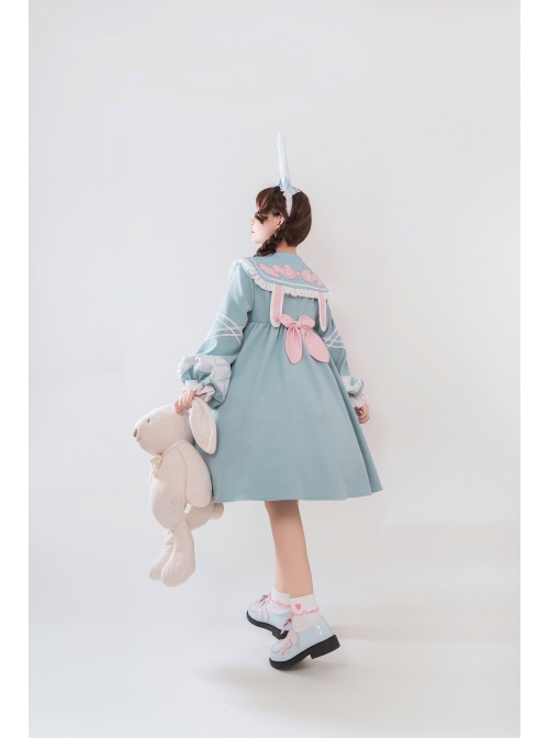 Bunny Series OP Rabbit Ears Doll Collar Autumn Winter Sweet Lolita Blue Lantern Sleeve Long Sleeve Dress