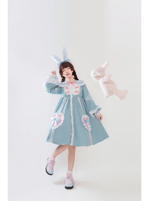 Bunny Series OP Rabbit Ears Doll Collar Autumn Winter Sweet Lolita Blue Lantern Sleeve Long Sleeve Dress