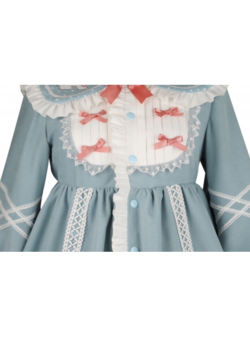 Bunny Series OP Rabbit Ears Doll Collar Autumn Winter Sweet Lolita Blue Lantern Sleeve Long Sleeve Dress