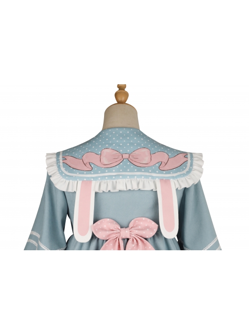 Bunny Series OP Rabbit Ears Doll Collar Autumn Winter Sweet Lolita Blue Lantern Sleeve Long Sleeve Dress