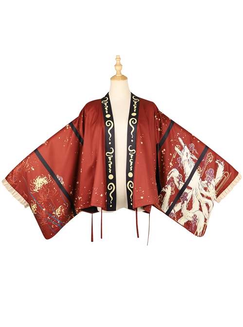 Fox Demon Series Japanese Style Vintage Printing Sweet Lolita Red Big Sleeves Outer Clothing