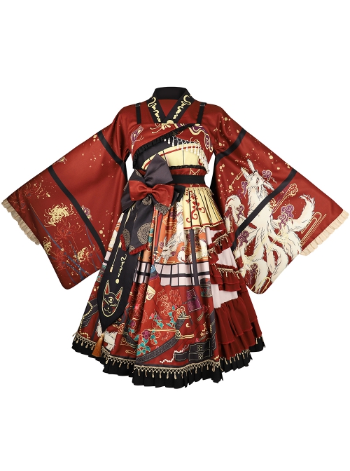 Fox Demon Series Japanese Style Vintage Printing Sweet Lolita Red Big Sleeves Outer Clothing