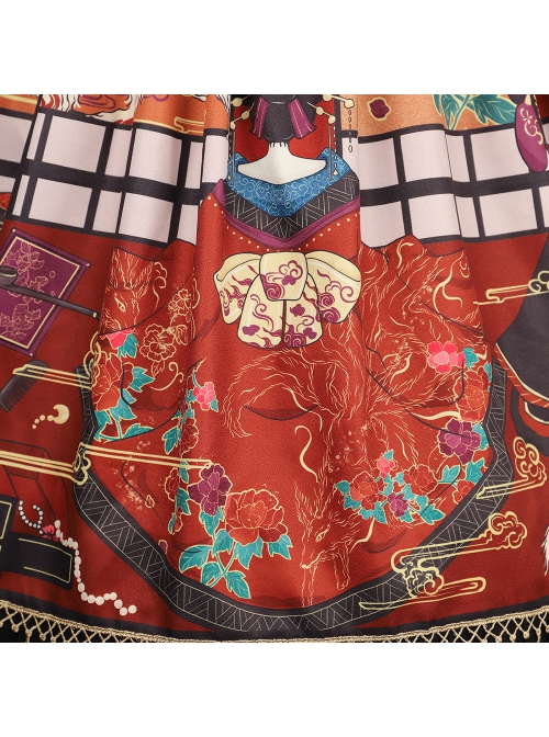 Fox Demon Series Japanese Style Vintage Printing Sweet Lolita Red Big Sleeves Outer Clothing