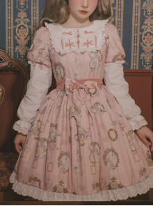 Bears Story Series OP Elegant Printing Doll Feeling Classic Lolita Pink Long Sleeve Dress