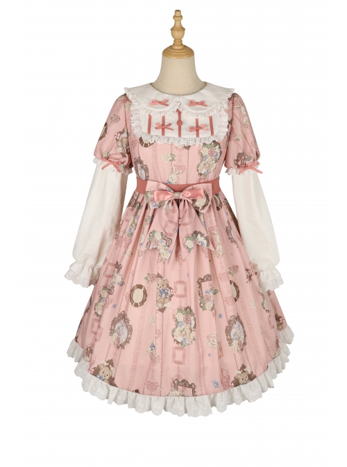 Bears Story Series OP Elegant Printing Doll Feeling Classic Lolita Pink Long Sleeve Dress