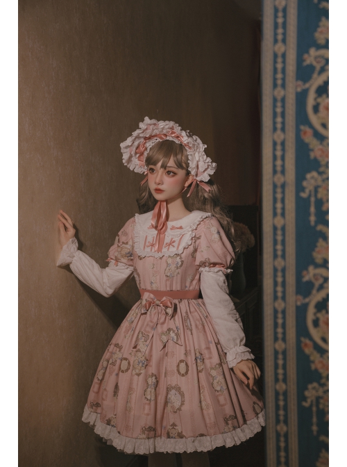 Bears Story Series OP Elegant Printing Doll Feeling Classic Lolita Pink Long Sleeve Dress