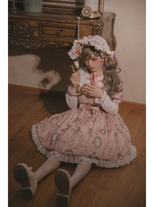 Bears Story Series OP Elegant Printing Doll Feeling Classic Lolita Pink Long Sleeve Dress