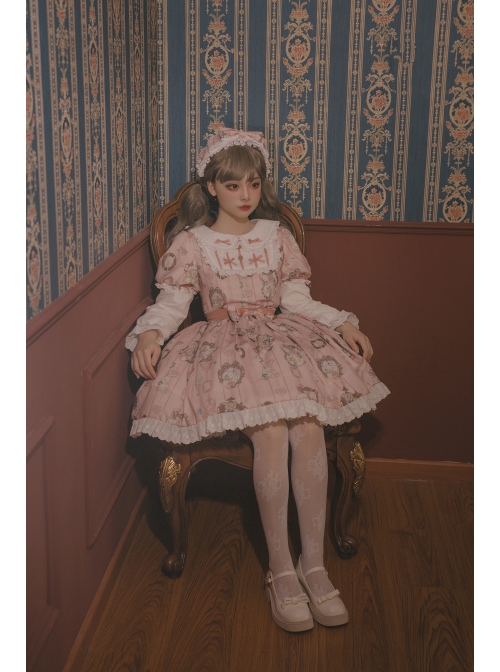 Bears Story Series OP Elegant Printing Doll Feeling Classic Lolita Pink Long Sleeve Dress