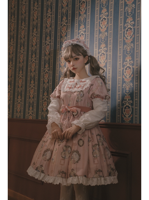 Bears Story Series OP Elegant Printing Doll Feeling Classic Lolita Pink Long Sleeve Dress